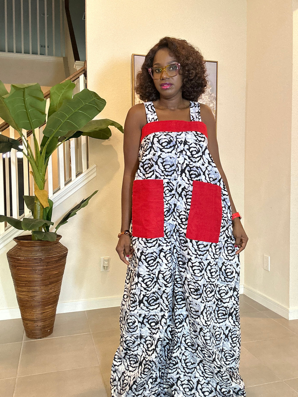 African Print Jumpsuit with Red Aso Oke Pockets, Handmade African Clothing