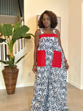 African Print Jumpsuit with Red Aso Oke Pockets, Handmade African Clothing