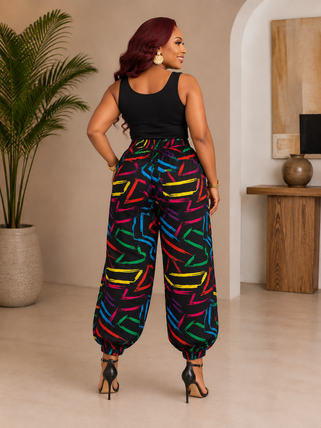 Vibrant Abstract Print Ankara Pants with Elastic Cuffs & Pockets