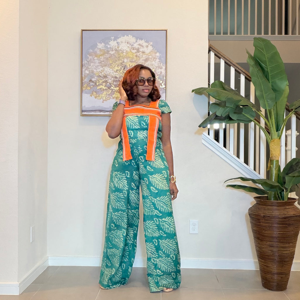 African Print Jumpsuit with Aso Oke, Green Leaf Adire Jumpsuit, Wide‑Leg One‑Piece