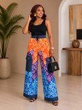 Vibrant Ankara Wide-Leg Cargo Pants with Denim Contrast & Drawstring Waist