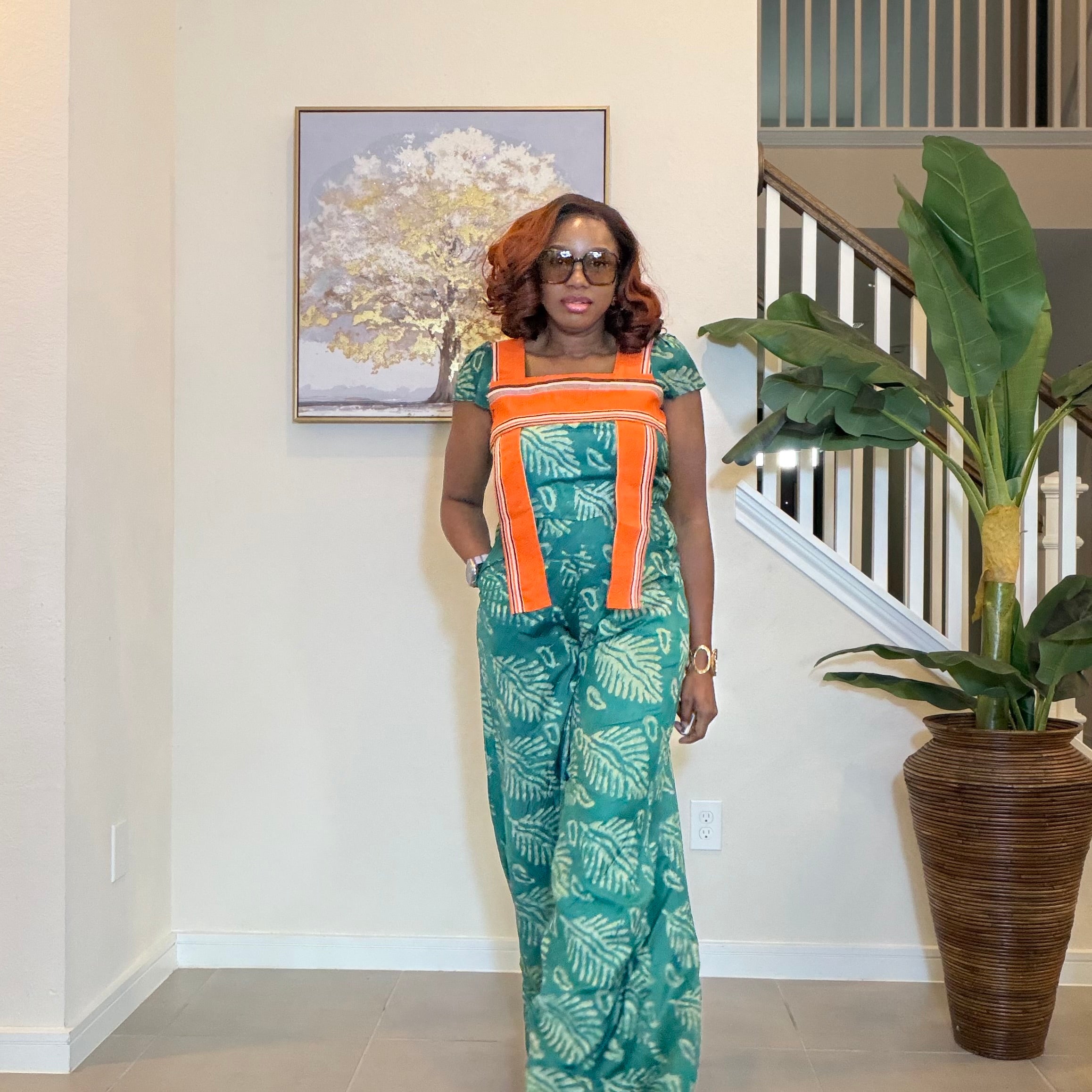 African Print Jumpsuit with Aso Oke, Green Leaf Adire Jumpsuit, Wide‑Leg One‑Piece