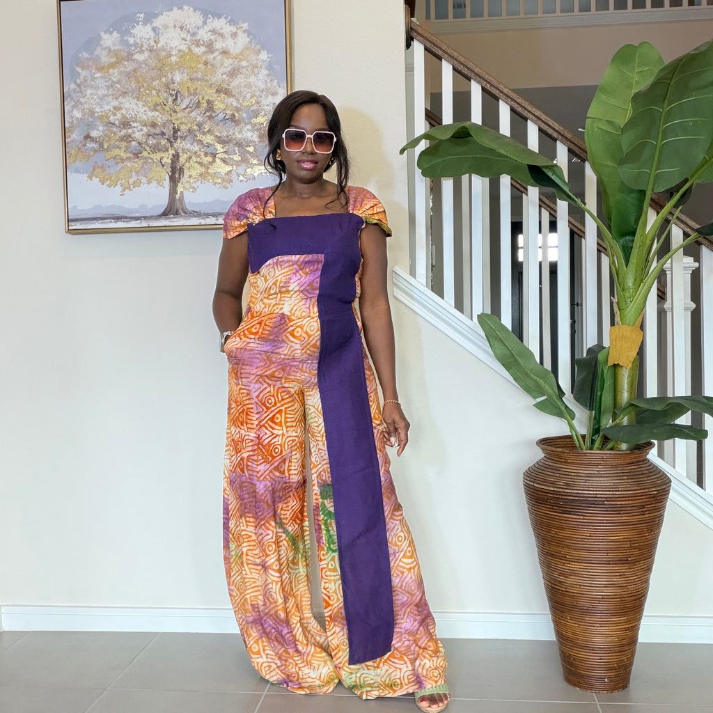 Adire Floral Wide-Leg Jumpsuit with Aso Oke Detail