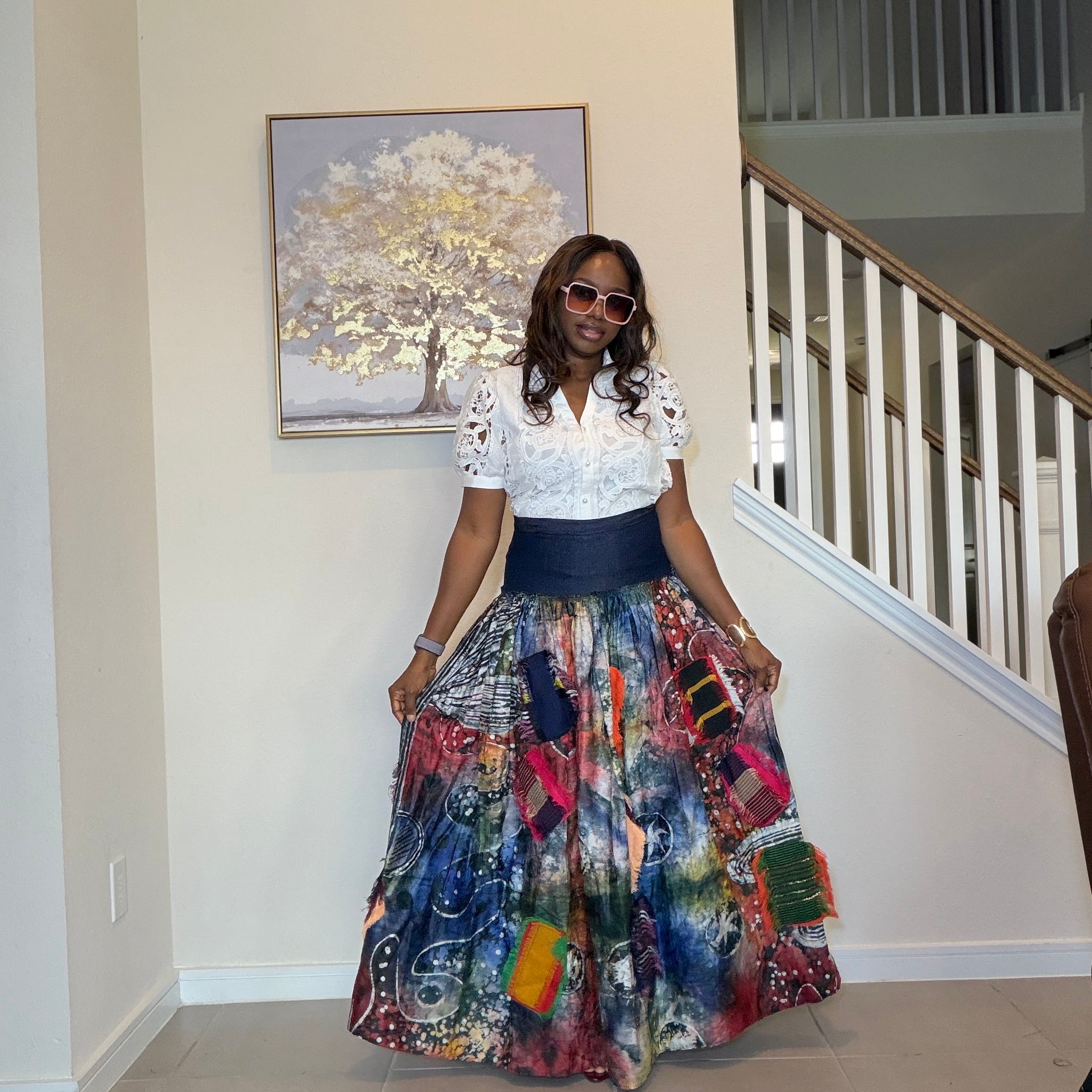 Adire Batik Maxi Skirt with Aso Oke Patchwork, High-Waisted African Print Long Skirt
