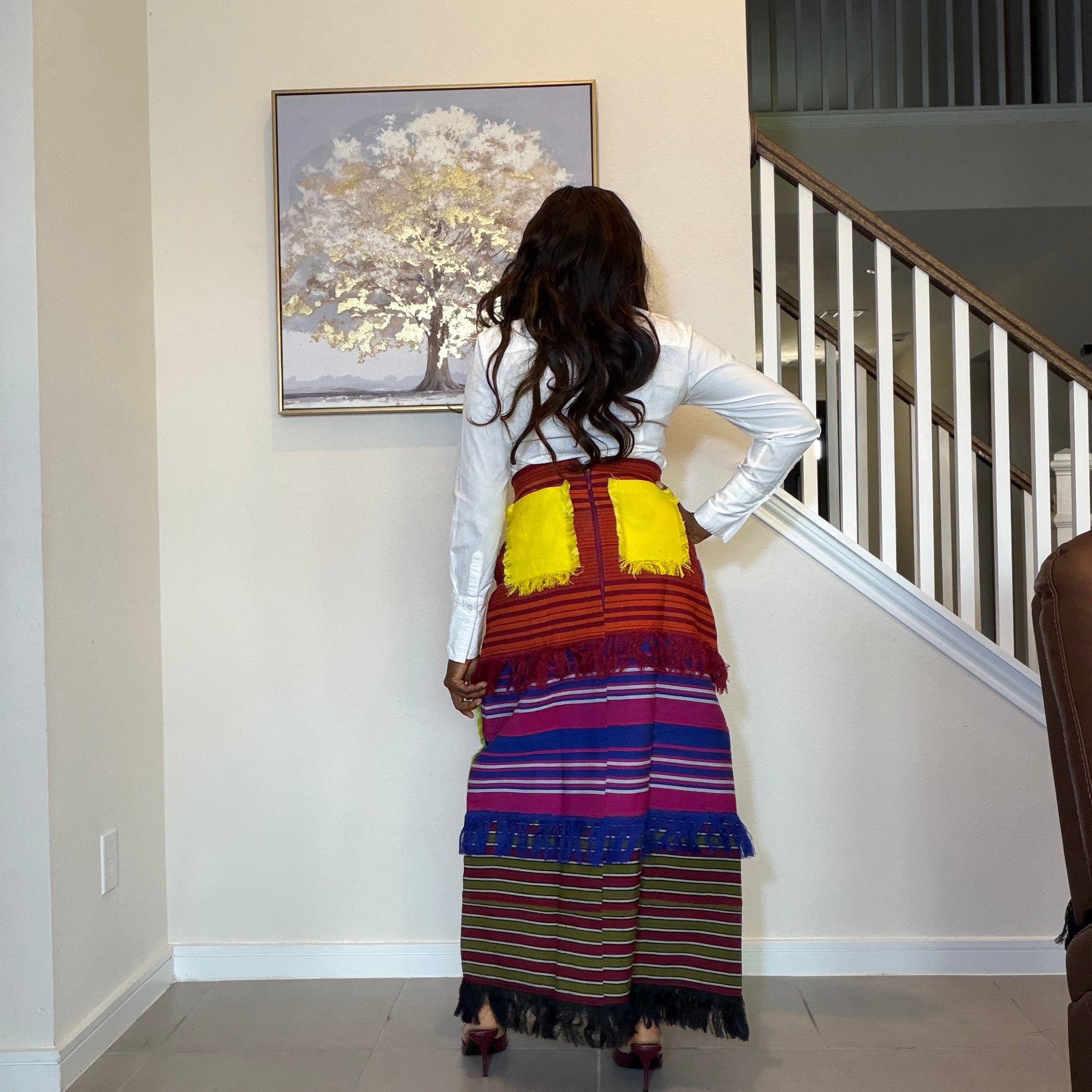 Colorful African Aso Oke Fringe Skirt, Handmade Aso Oke Patchwork Skirt
