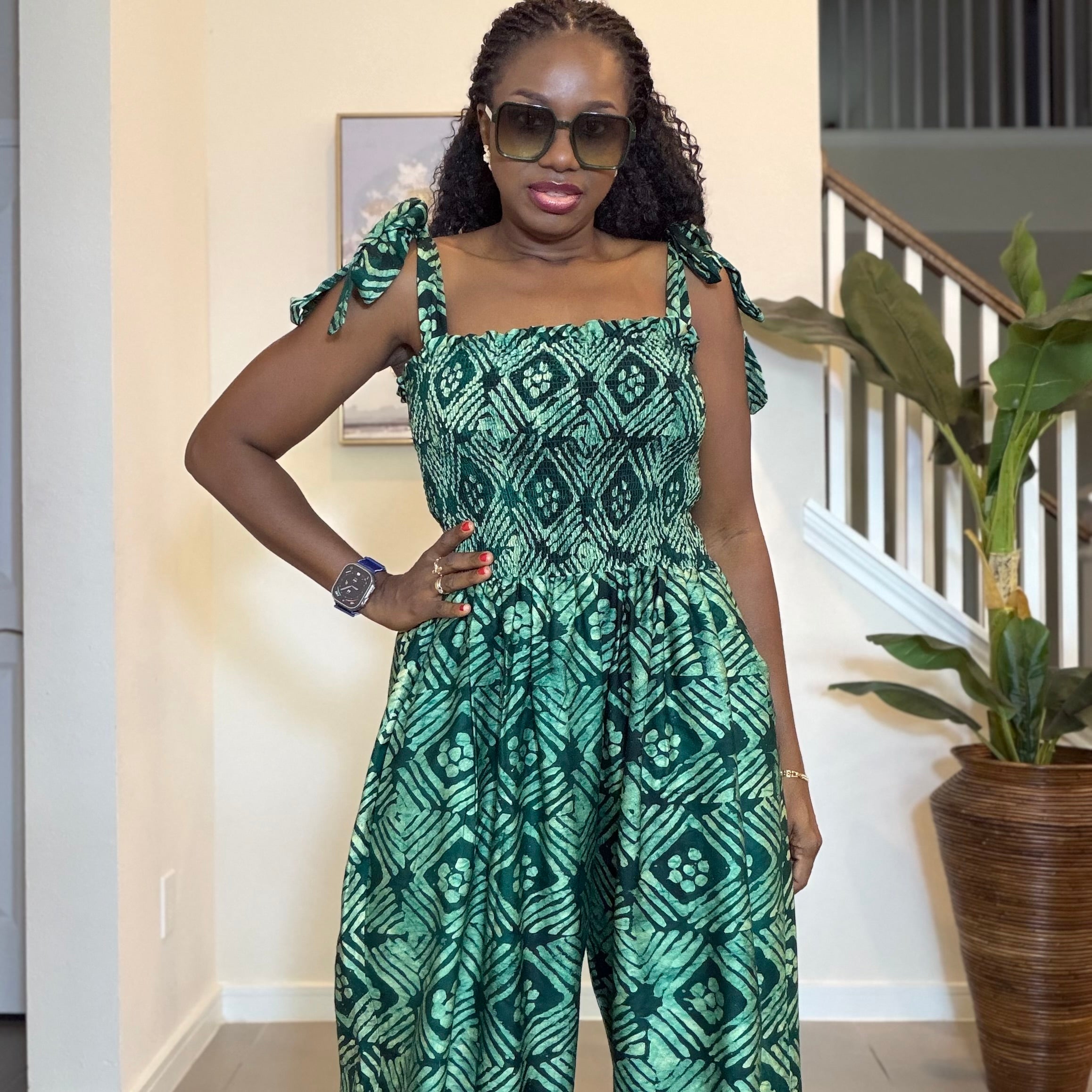 Handmade Adire Crepe Jumpsuit with Smocked Bodice