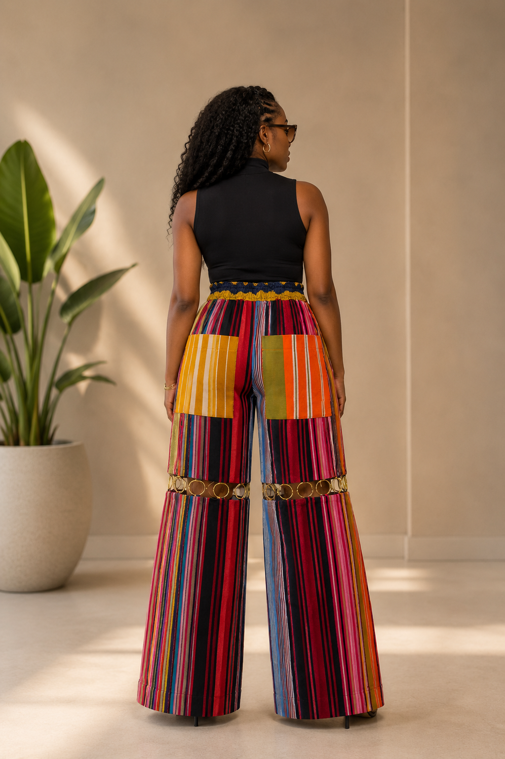 Multicolor Aso Oke Wide-Leg Trousers with Ring Detail