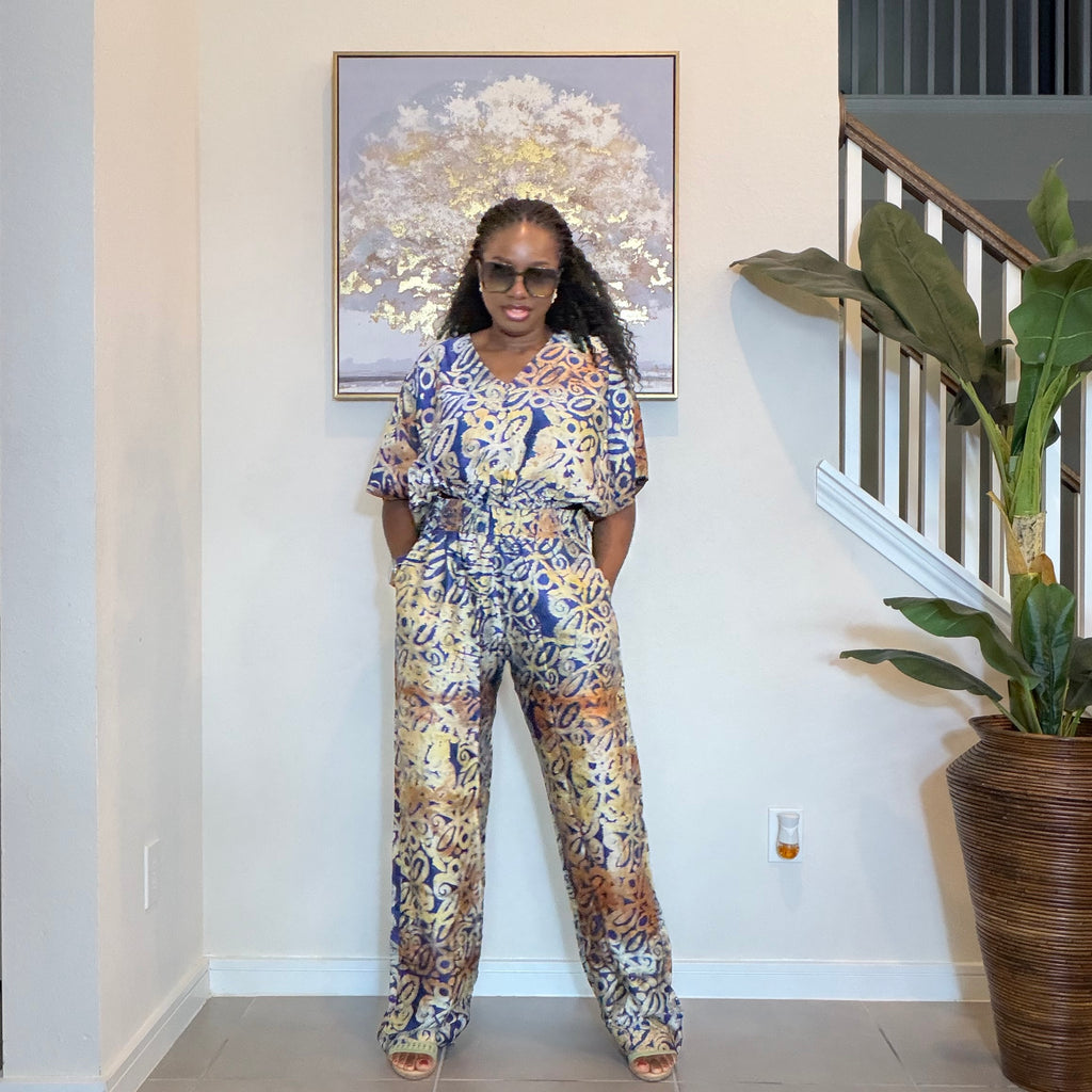 Adire Silk-Crepe, Elastic Waist Top & Wide-Leg Pants Set