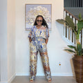 Adire Silk-Crepe, Elastic Waist Top & Wide-Leg Pants Set