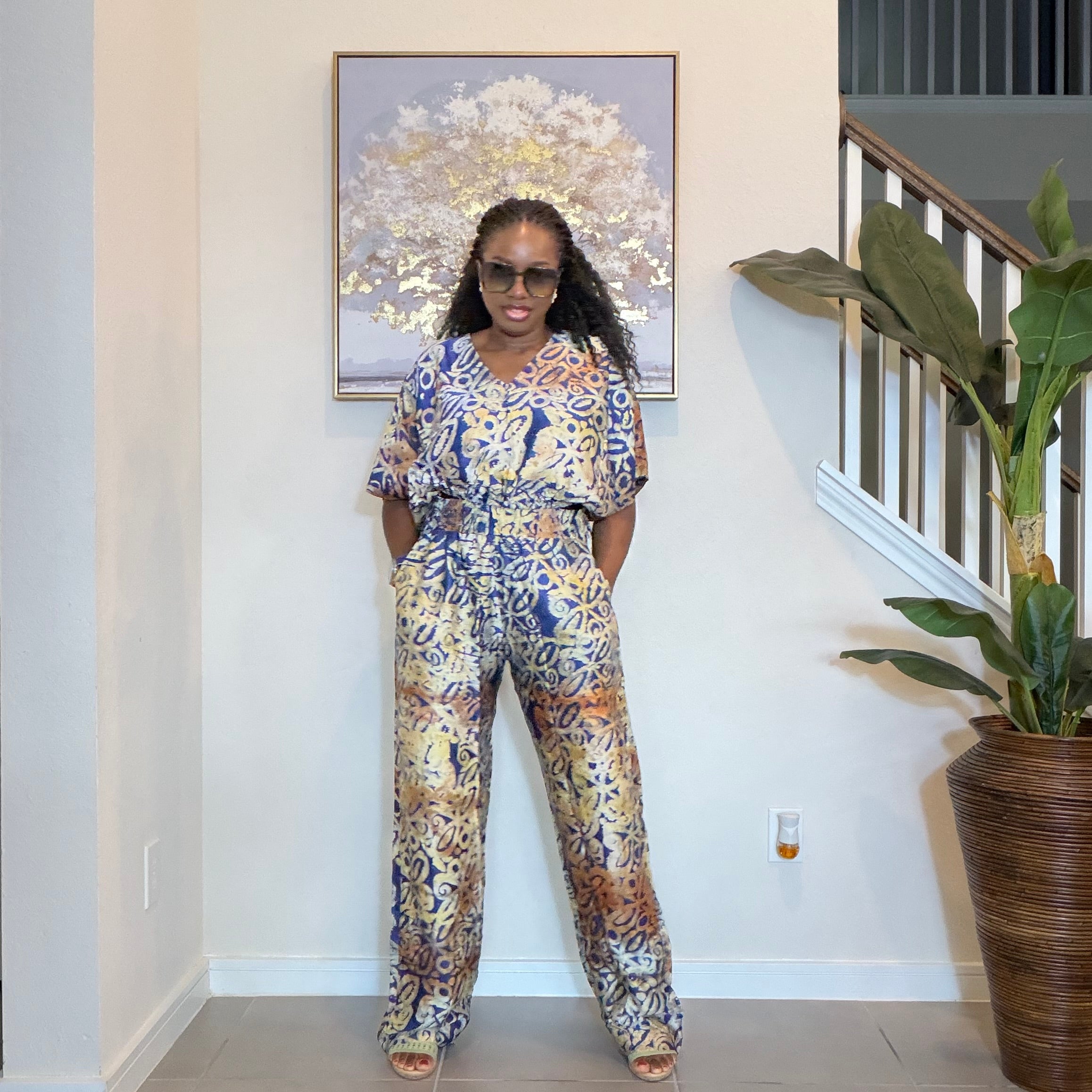 Adire Silk-Crepe, Elastic Waist Top & Wide-Leg Pants Set