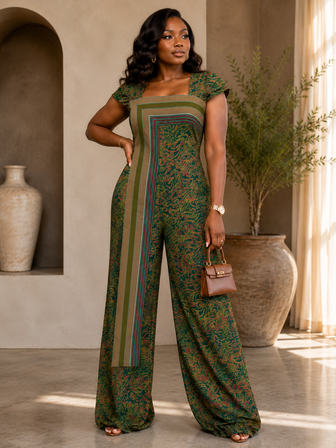 Elegant Adire Jumpsuit with Handwoven Aso Oke Contrast Panel.