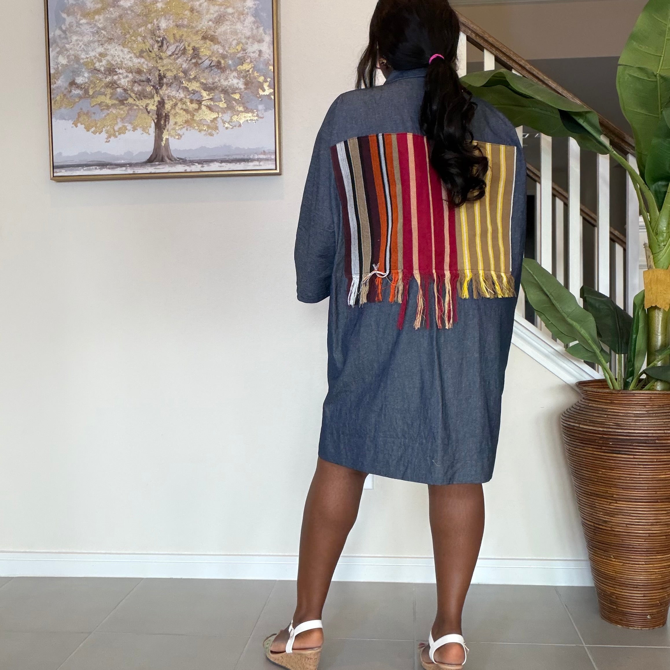 Zipped Denim Shift Dress with Statement Aso Oke Pocket and Back patch