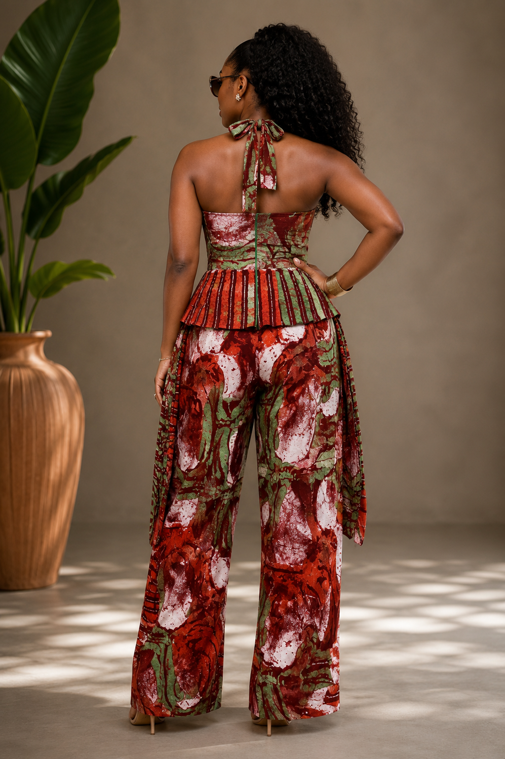 Adire Halter Neck Jumpsuit, African Batik Print Jumpsuit
