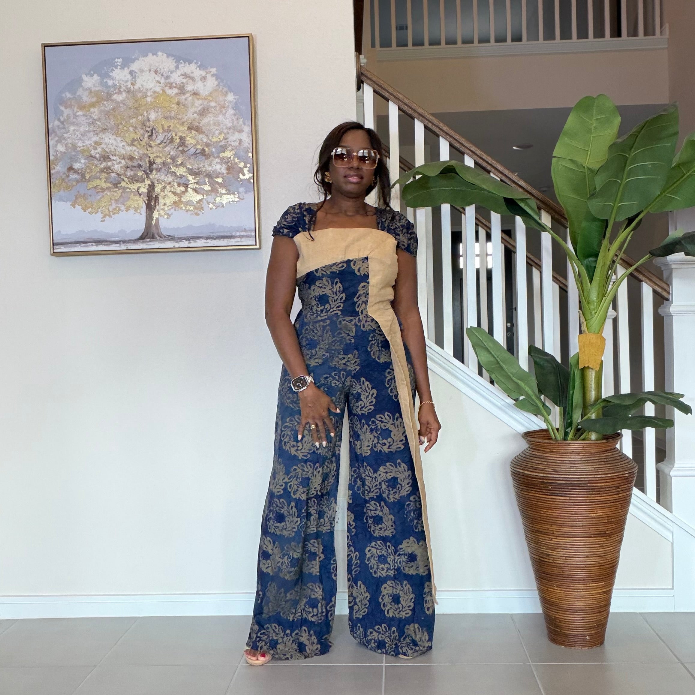 Blue Adire Floral Wide-Leg Jumpsuit with Aso Oke Detail