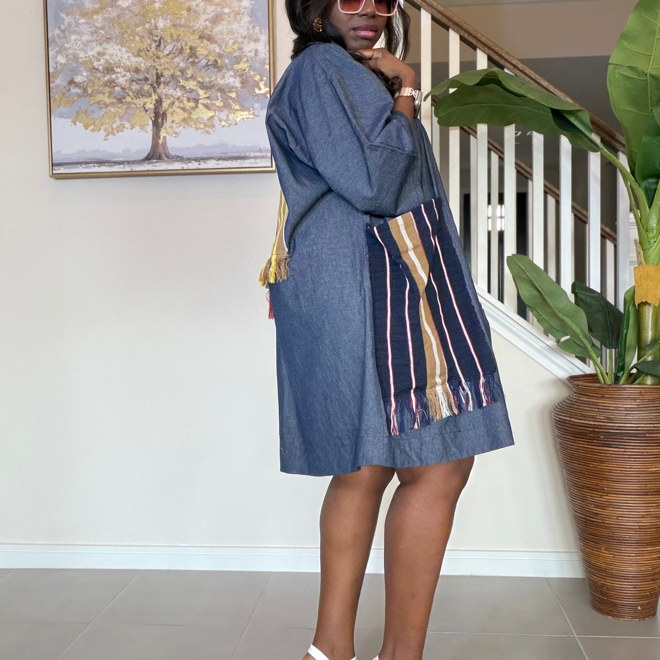 Zipped Denim Shift Dress with Statement Aso Oke Pocket and Back patch