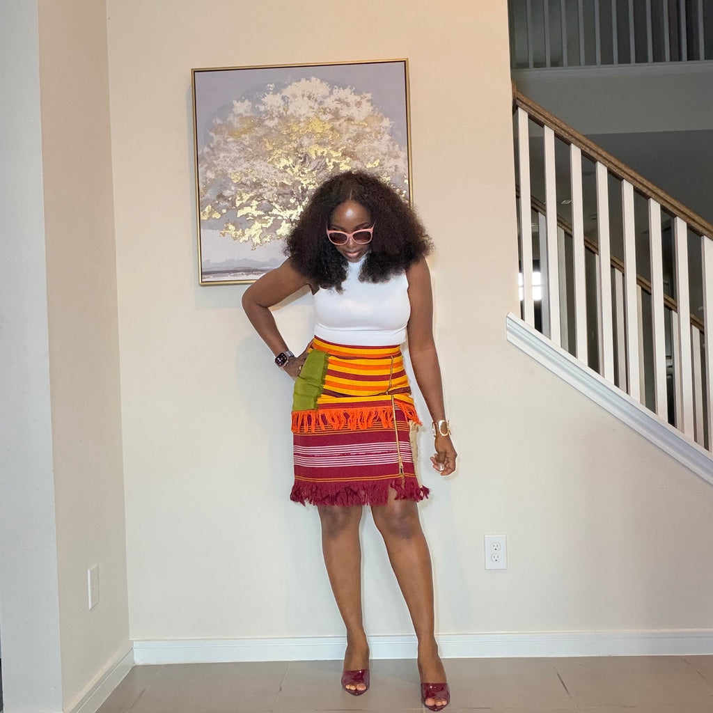 Colorful African Aso Oke Fringe Skirt, Handmade Aso Oke Patchwork Skirt