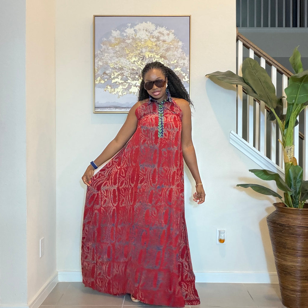 Hand-Dyed Adire Crepe Halter Maxi Dress.