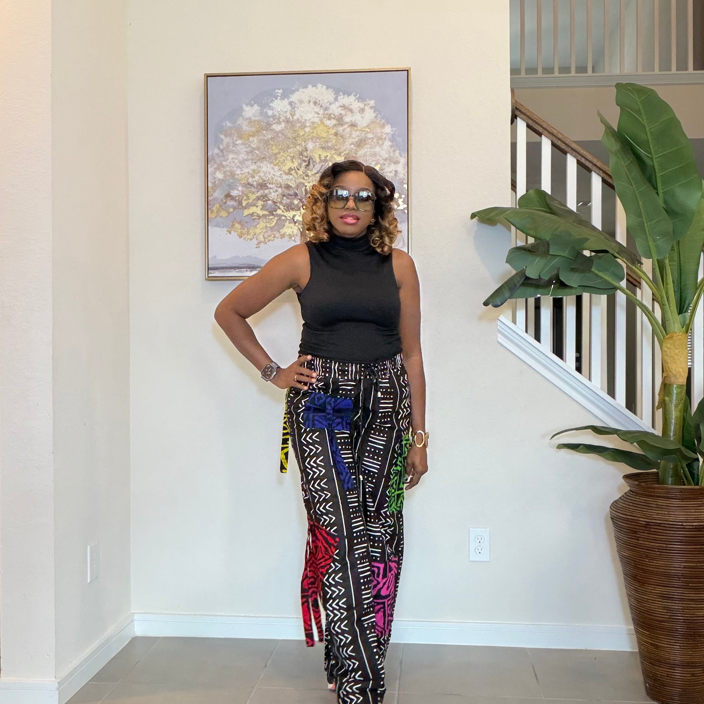 Ankara Wide-Leg Trousers, Black and White with color patch, African Print High Waist Pants