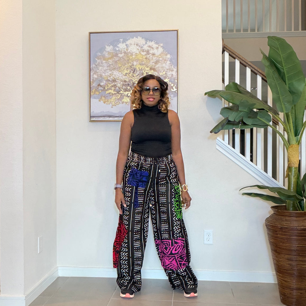 Ankara Wide-Leg Trousers, Black and White with color patch, African Print High Waist Pants
