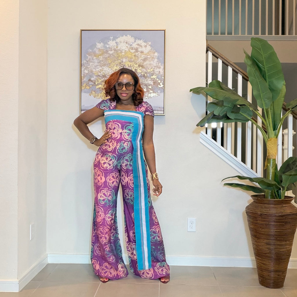 Adire Floral Wide-Leg Jumpsuit with Aso Oke Detail
