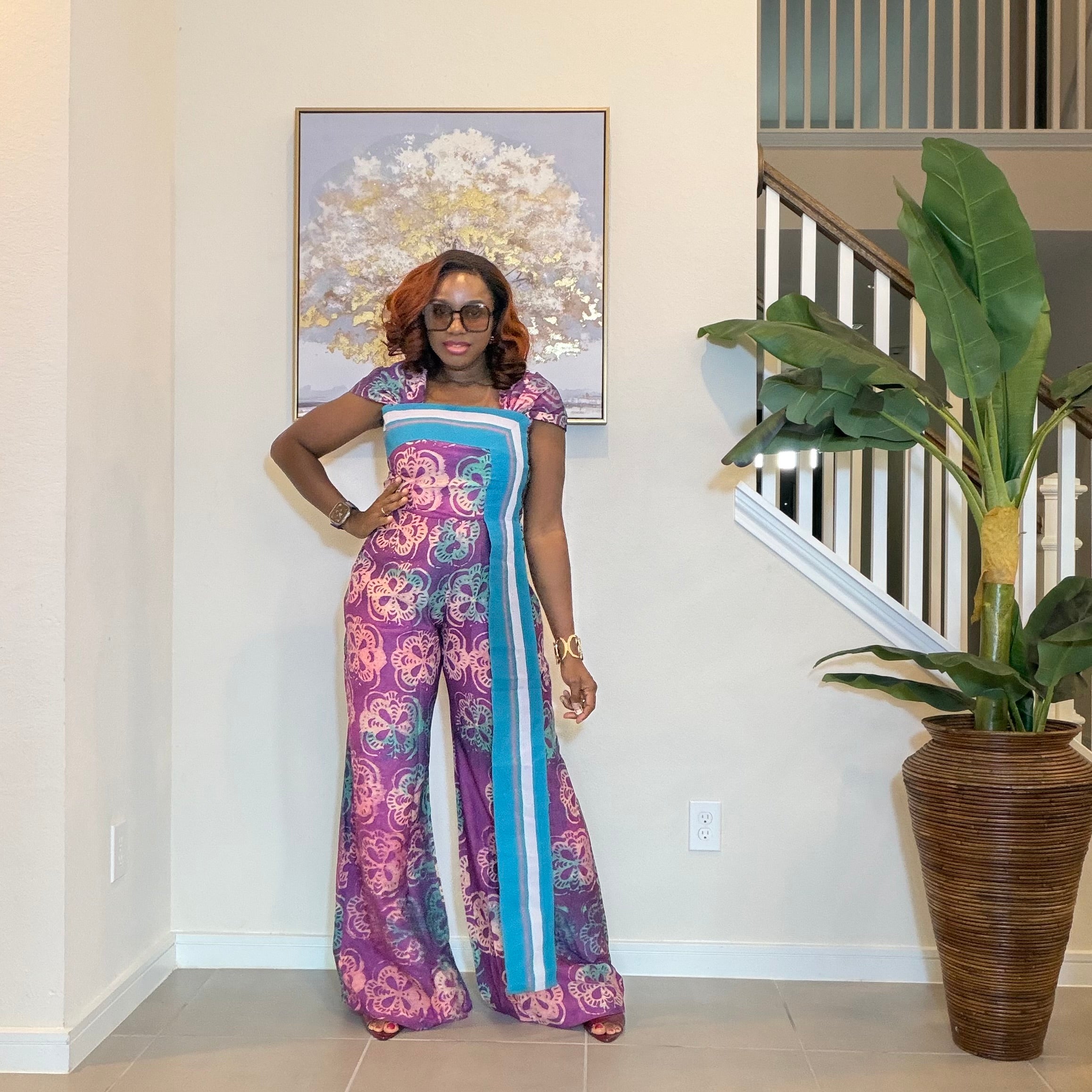 Adire Floral Wide-Leg Jumpsuit with Aso Oke Detail