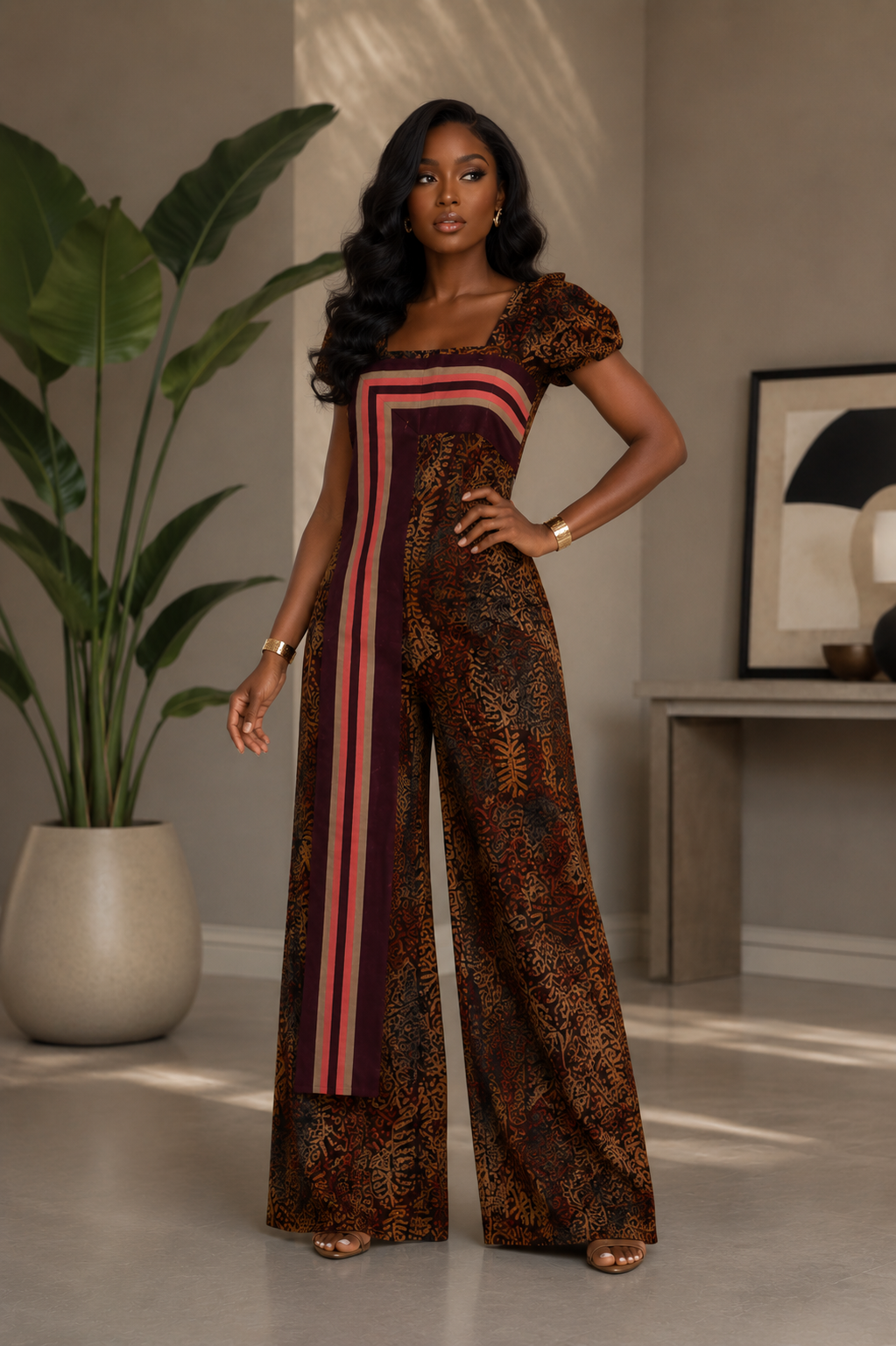 Elegant Adire Batik Crepe Jumpsuit ,Features Handwoven Aso Oke Contrast Panel.