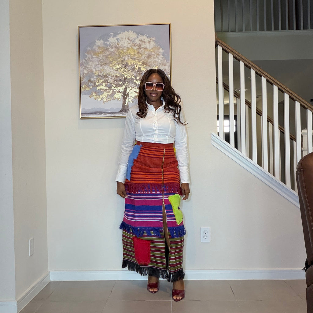 Colorful African Aso Oke Fringe Skirt, Handmade Aso Oke Patchwork Skirt