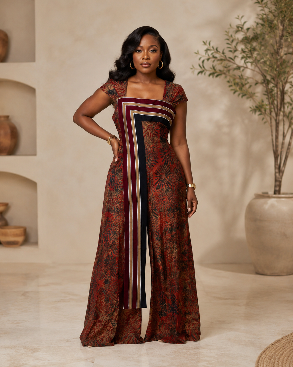 Elegant Adire Batik Crepe Jumpsuit ,Features Handwoven Aso Oke Contrast Panel.