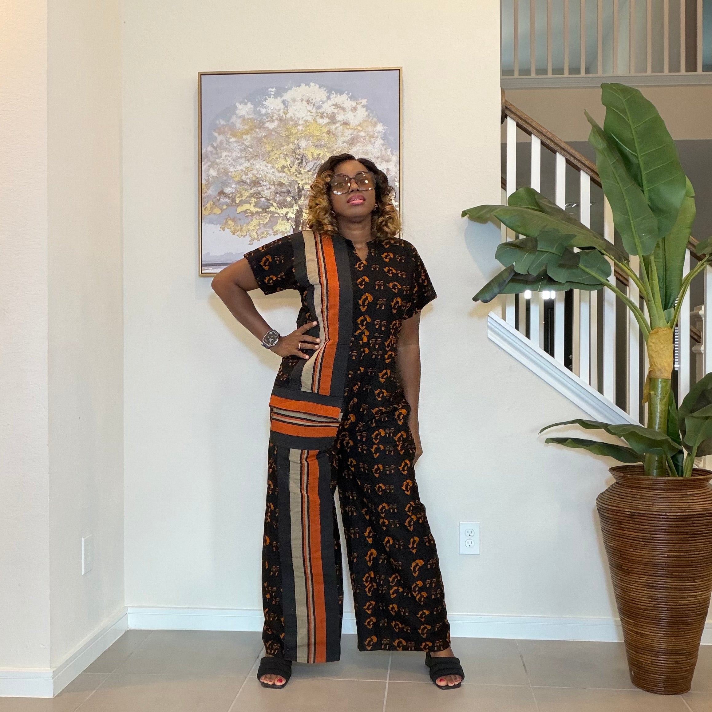 Ankara Print Jumpsuit with   Aso Oke, Wide‑Leg African Jumpsuit