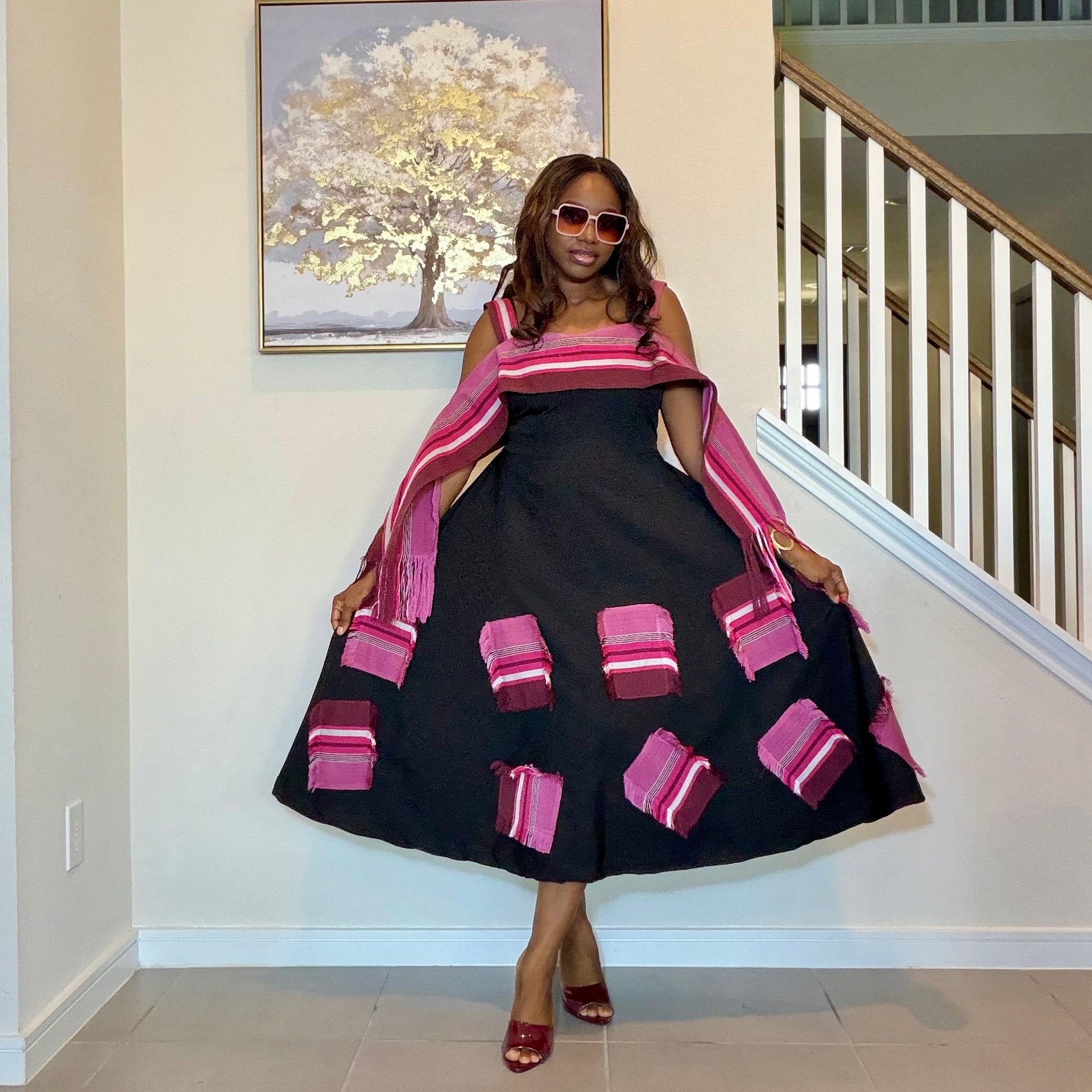 Black flare dress with Aso Oke Patch