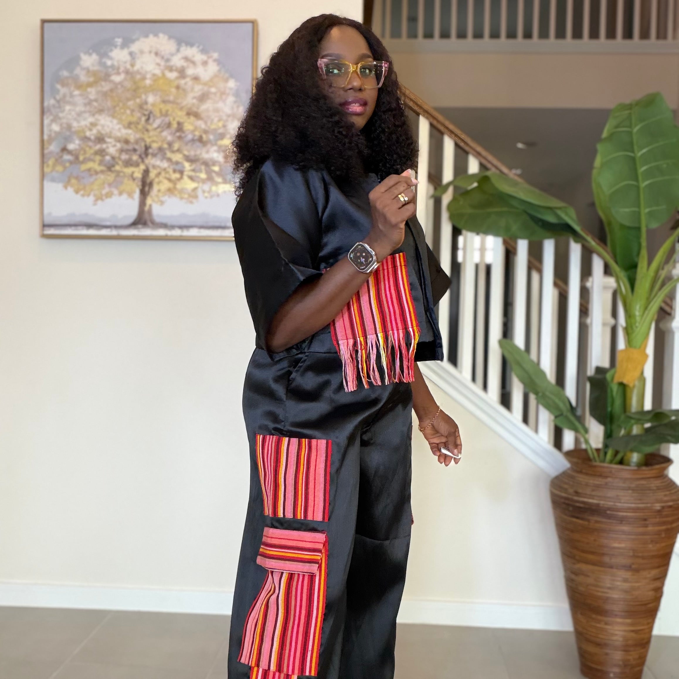 Black mikado trouser set with Aso Oke