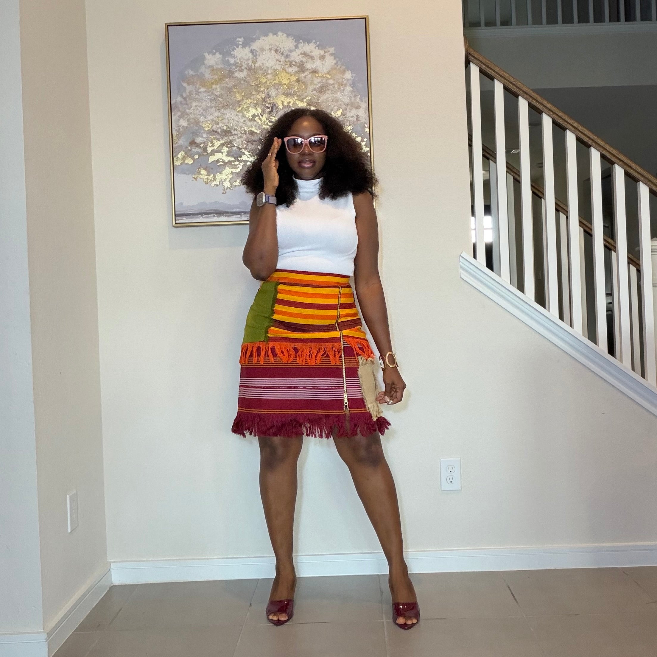 Colorful African Aso Oke Fringe Skirt, Handmade Aso Oke Patchwork Skirt