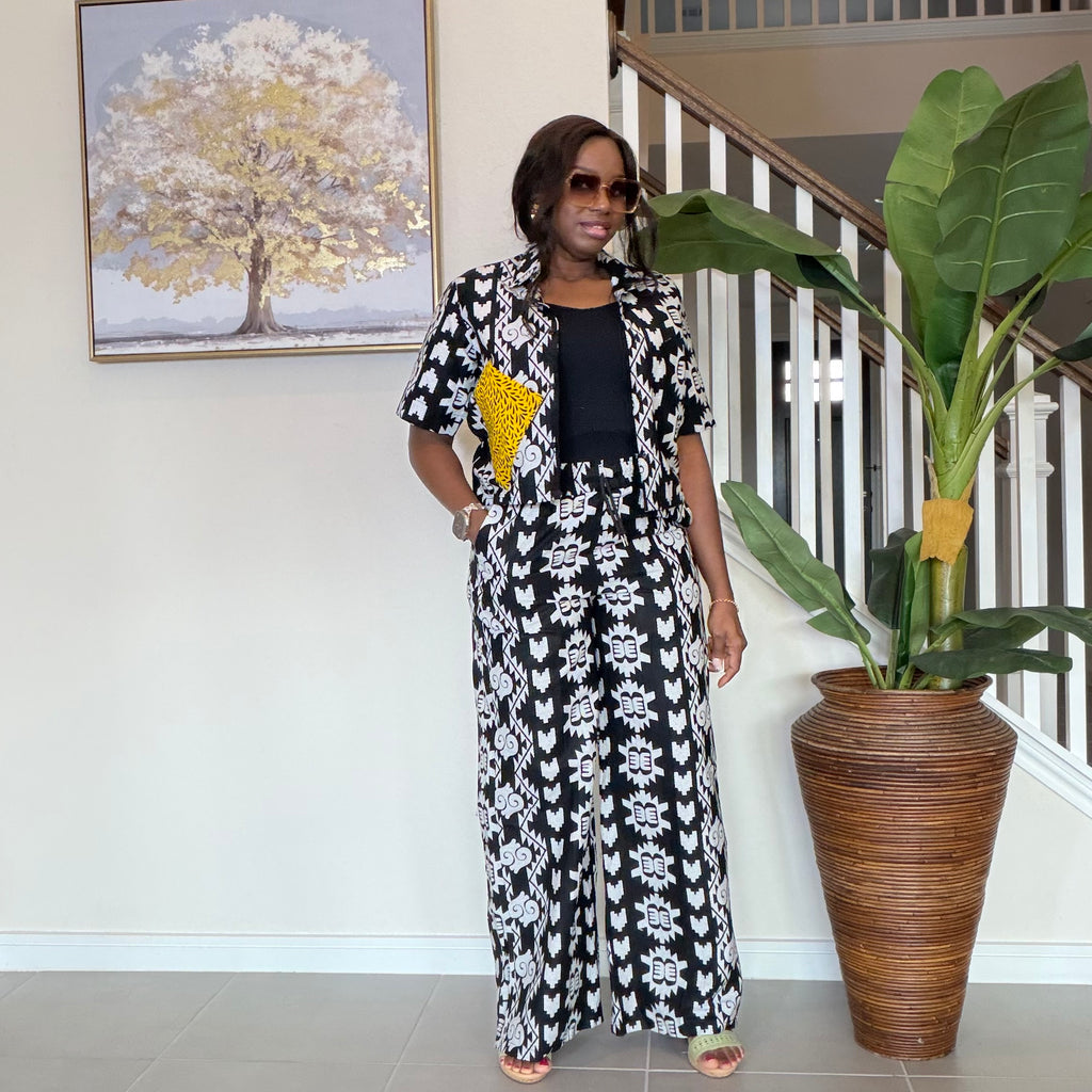 Modern Ankara Print Two-Piece Set – Black & White Wide-Leg Shirt & Trouser