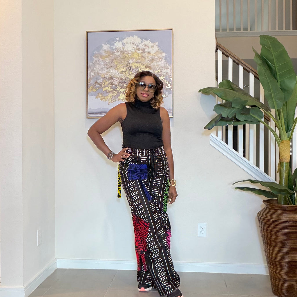 Ankara Wide-Leg Trousers, Black and White with color patch, African Print High Waist Pants