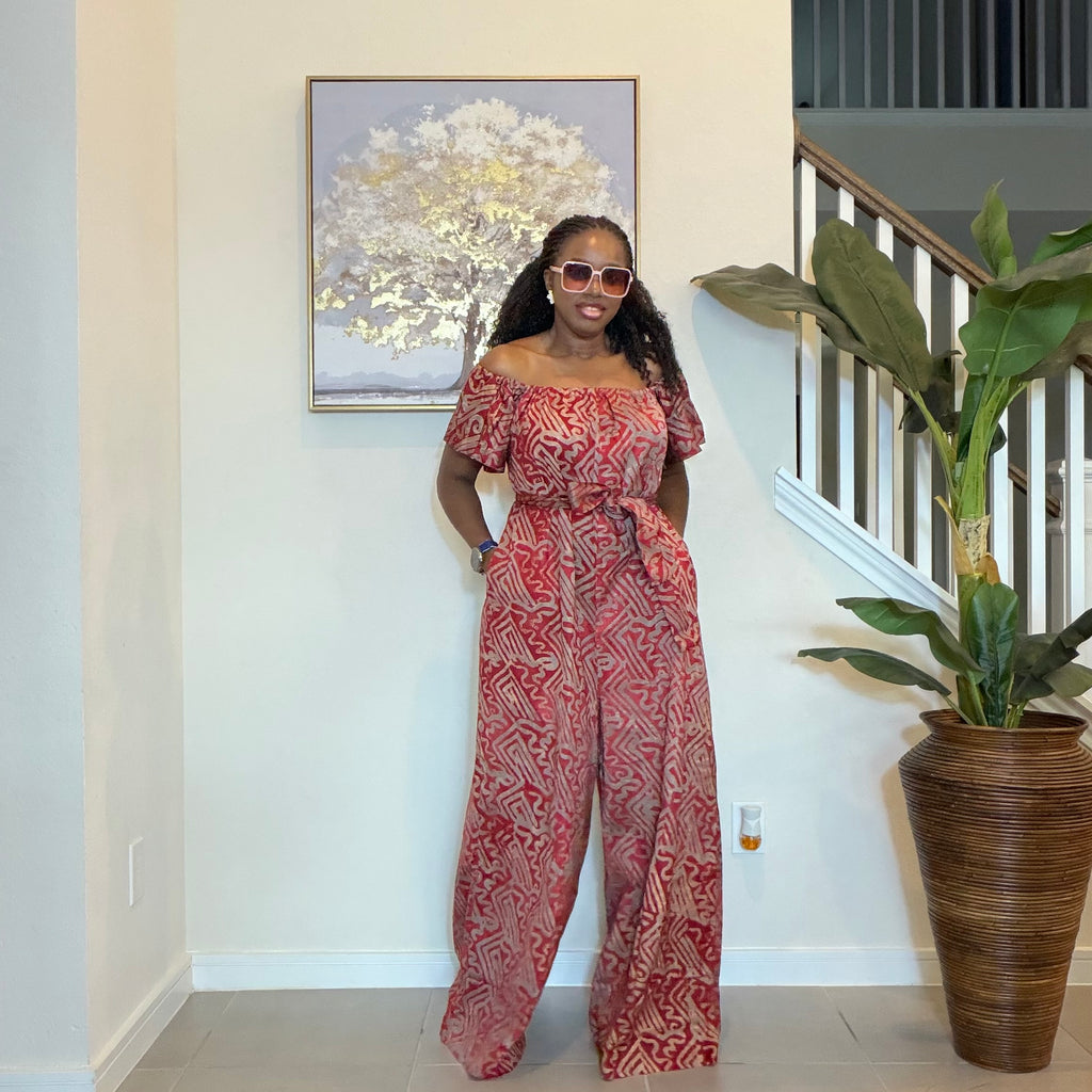 Adire Printed Wide-Leg Jumpsuit Convertible Off-Shoulder with Detachable Belt