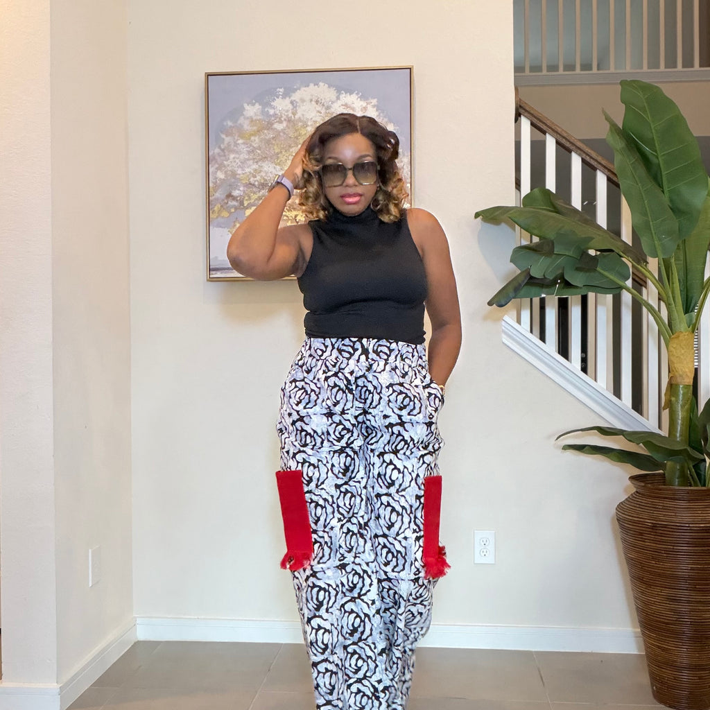 Ankara Wide‑Leg Pants with Aso Oke side pockets.