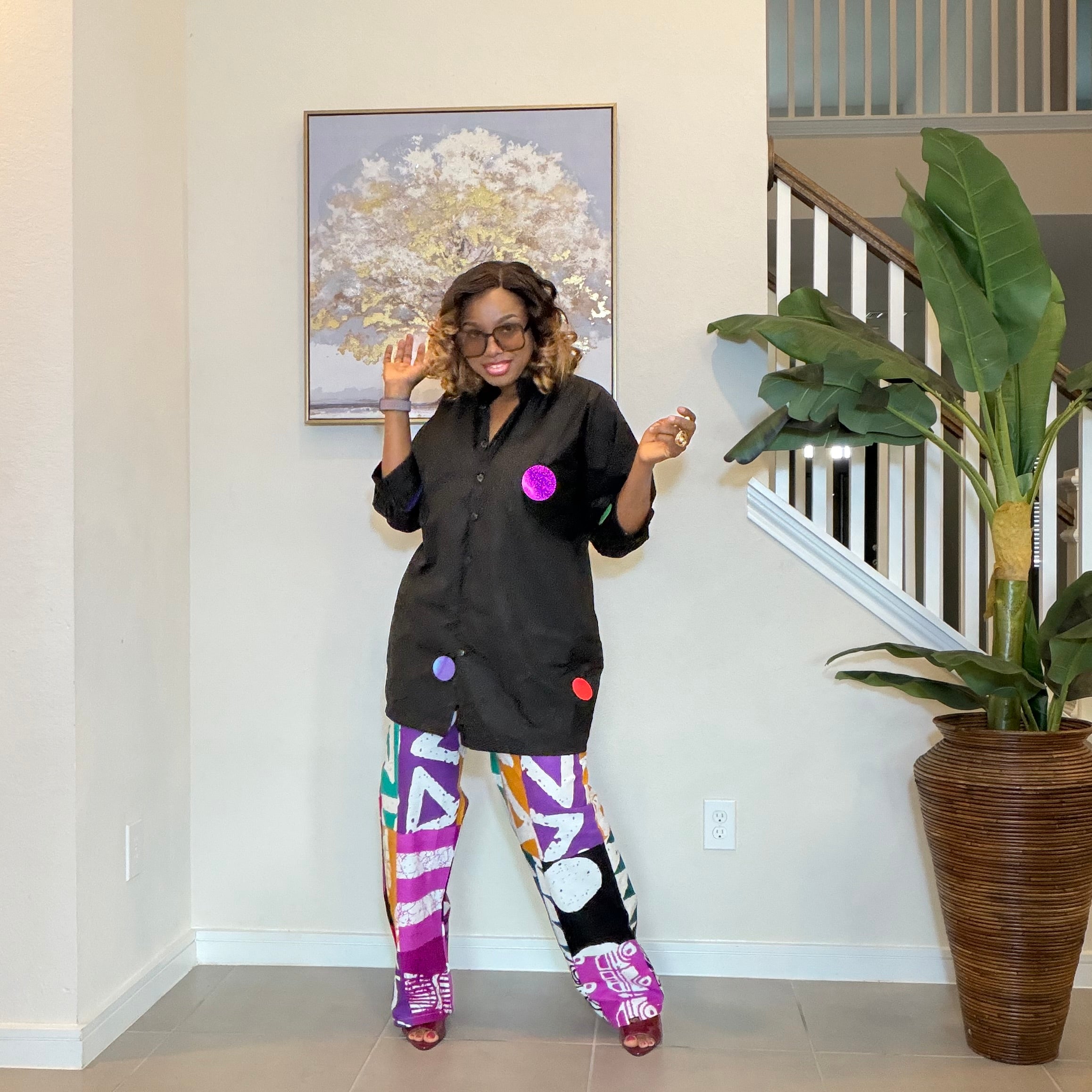 Ankara Two‑Piece Set, Colorful Print Pants, Handmade African Wear