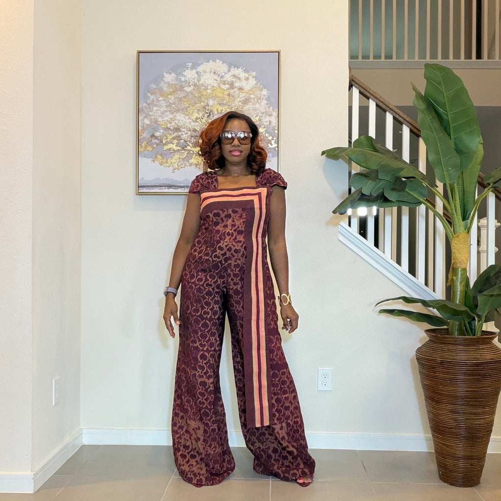 Adire Floral Wide-Leg Jumpsuit with Aso Oke Detail