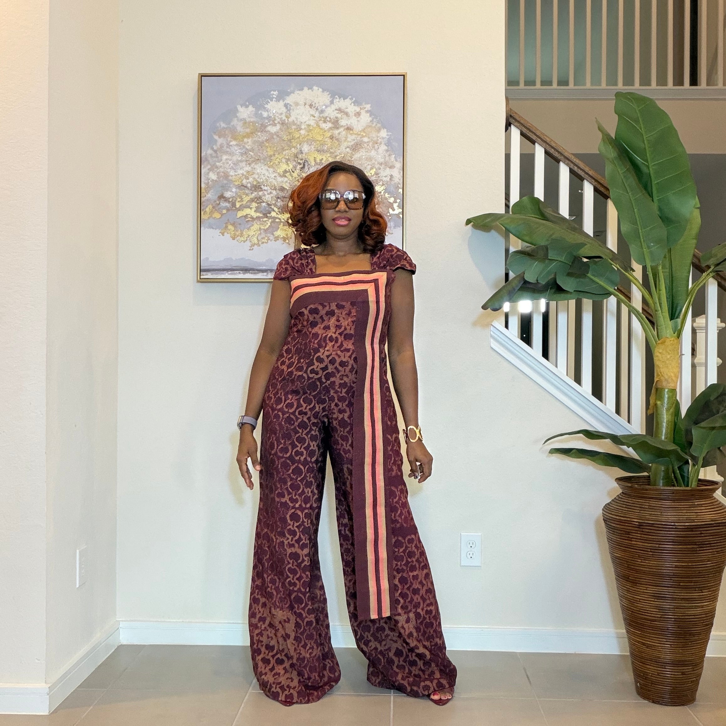 Adire Floral Wide-Leg Jumpsuit with Aso Oke Detail