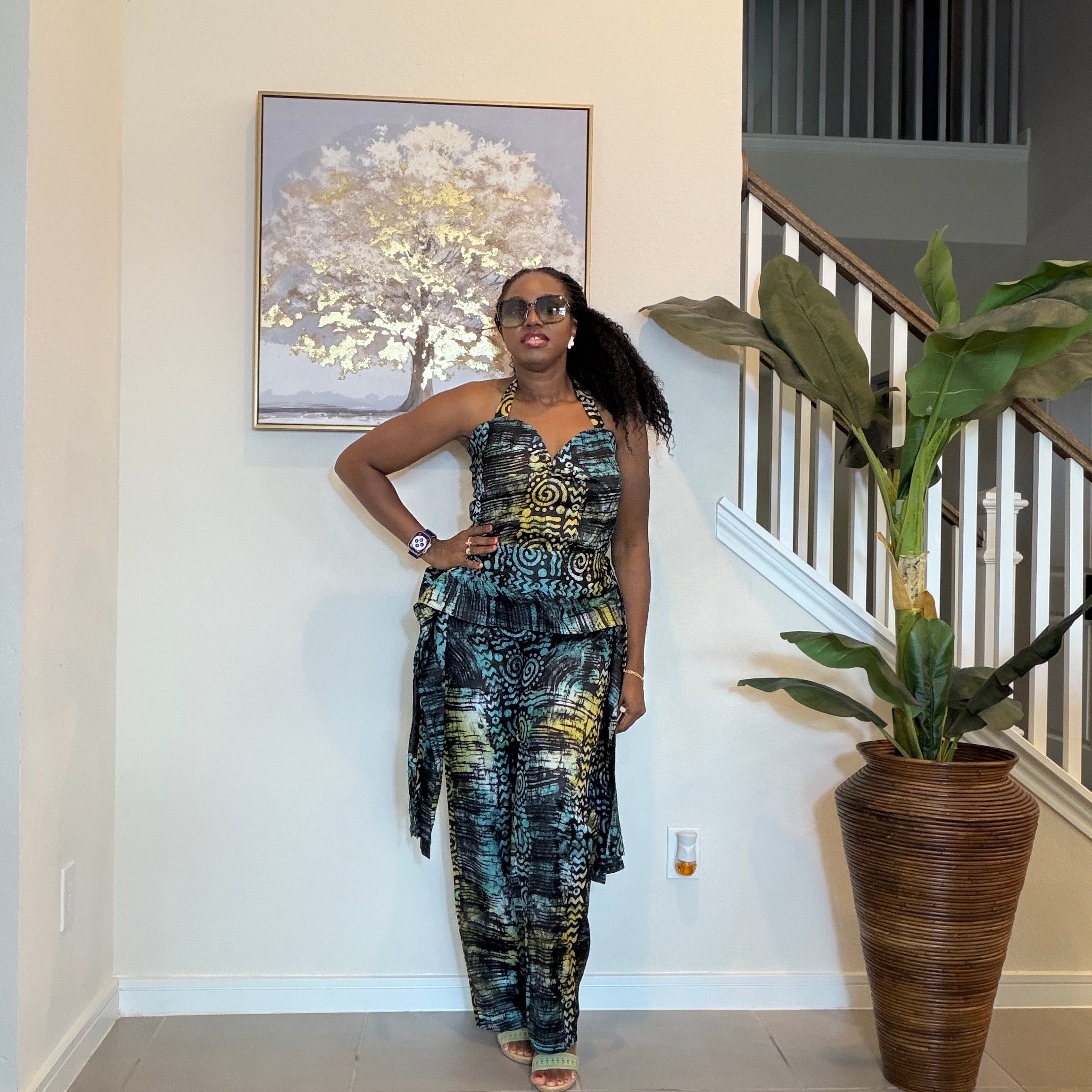 Adire Halter Neck Jumpsuit, African Batik Print One Piece Jumpsuit