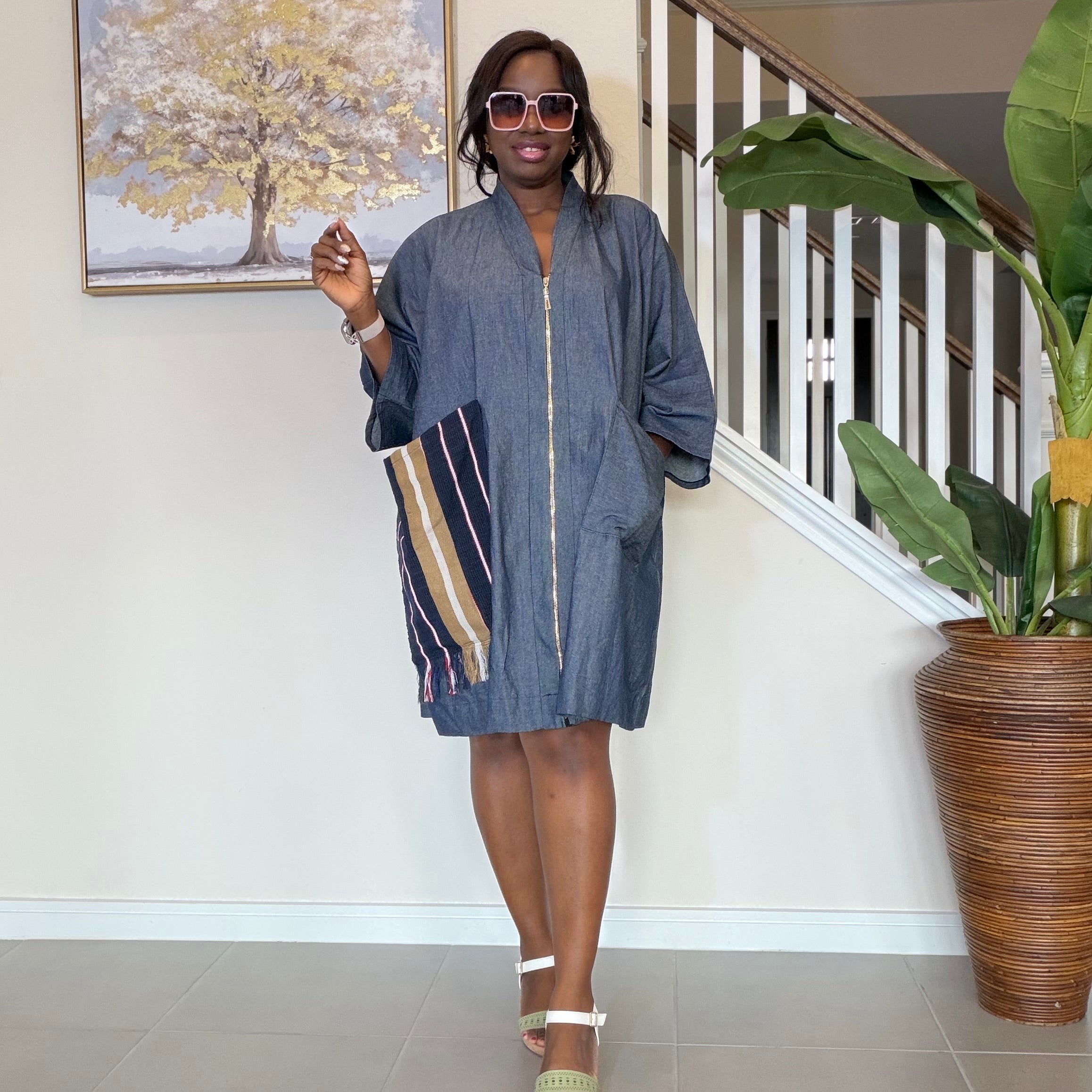 Zipped Denim Shift Dress with Statement Aso Oke Pocket and Back patch