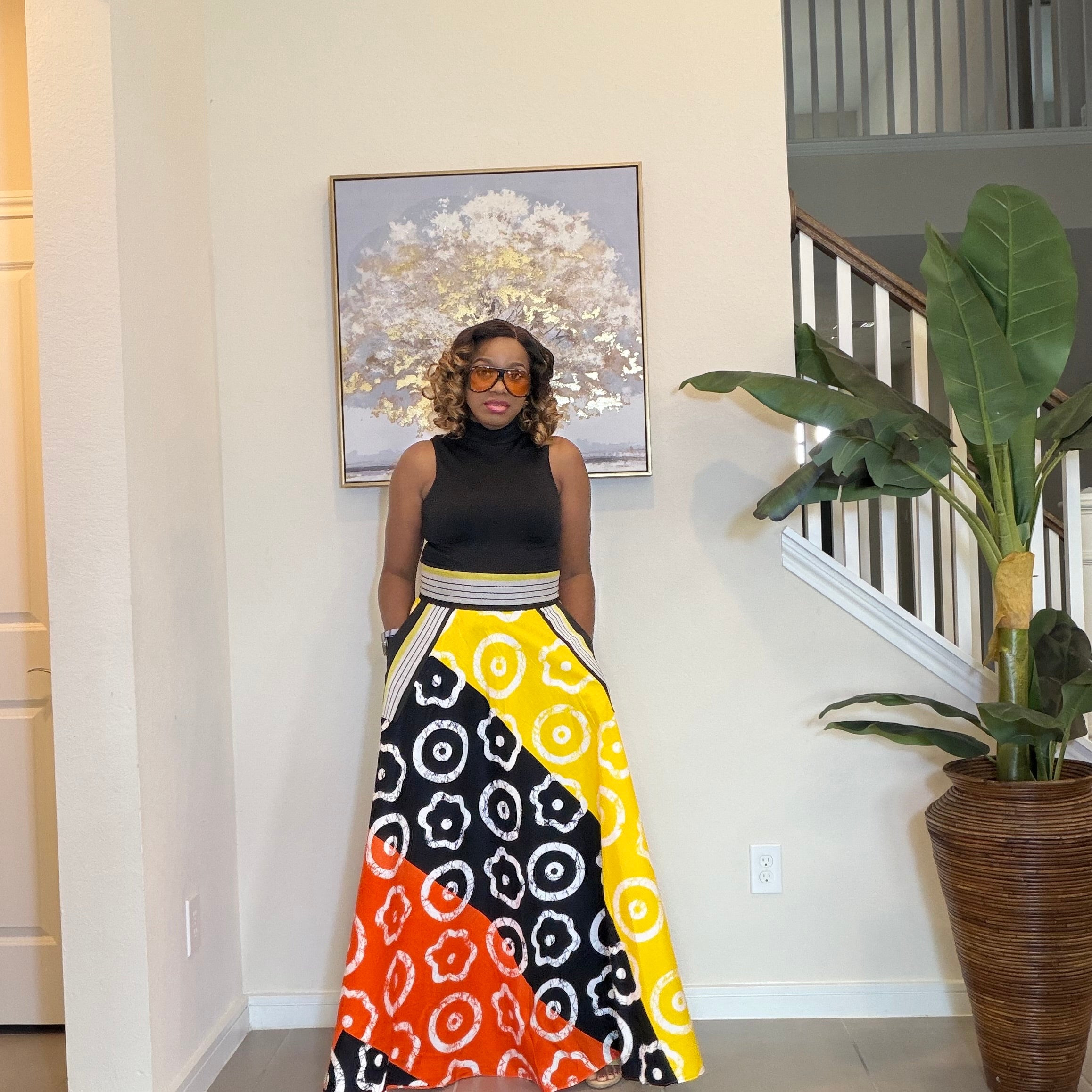 African Ankara Maxi Skirt, High Waist Skirt with Aso Oke Pockets