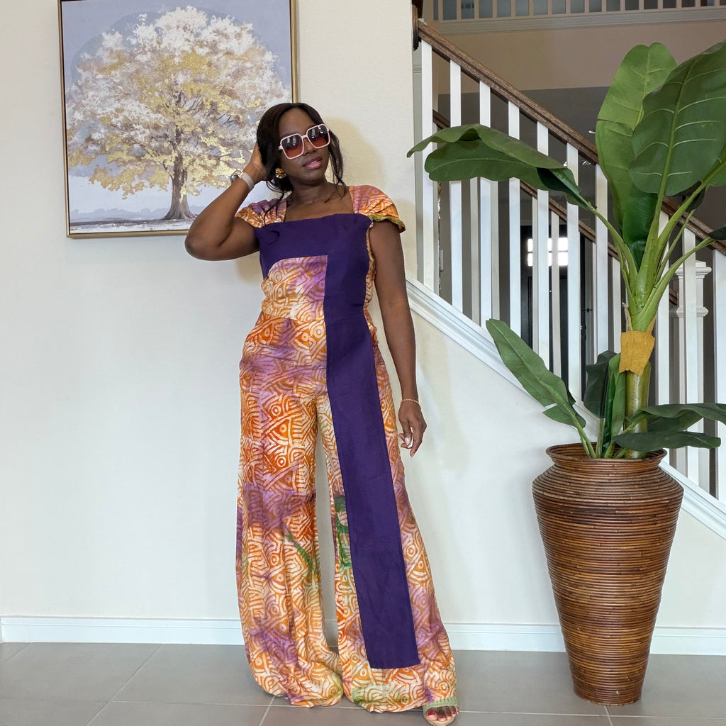 Adire Floral Wide-Leg Jumpsuit with Aso Oke Detail