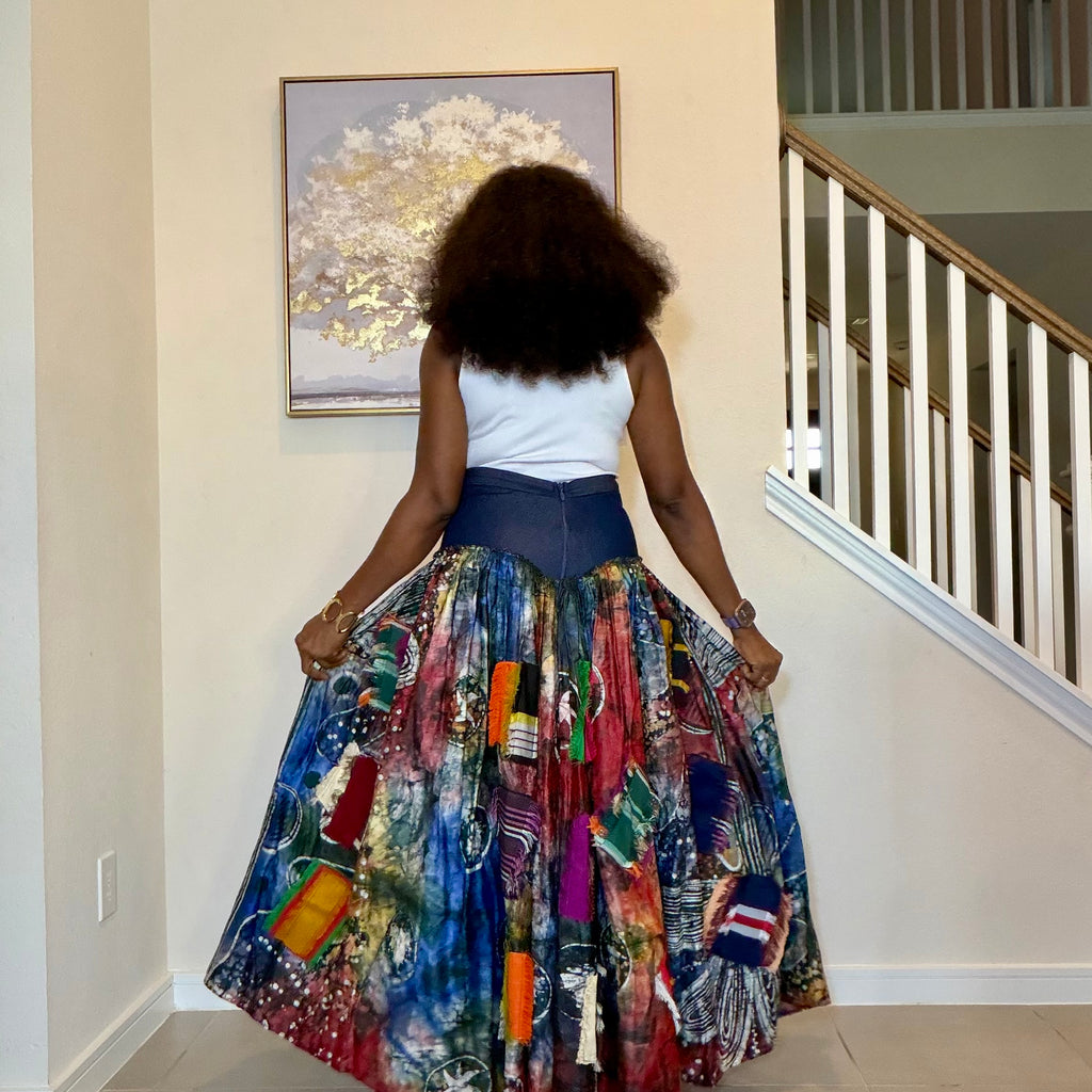 Adire Batik Maxi Skirt with Aso Oke Patchwork, High-Waisted African Print Long Skirt