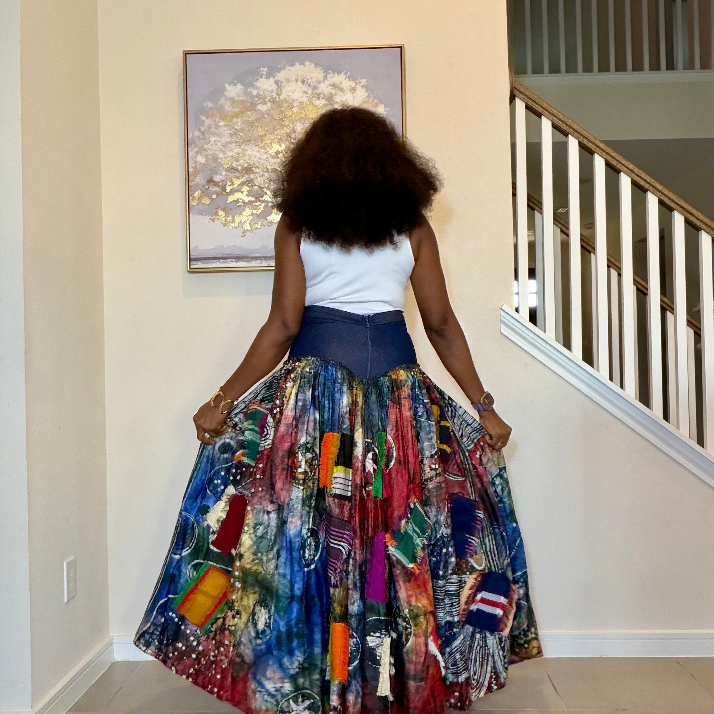Adire Batik Maxi Skirt with Aso Oke Patchwork, High-Waisted African Print Long Skirt