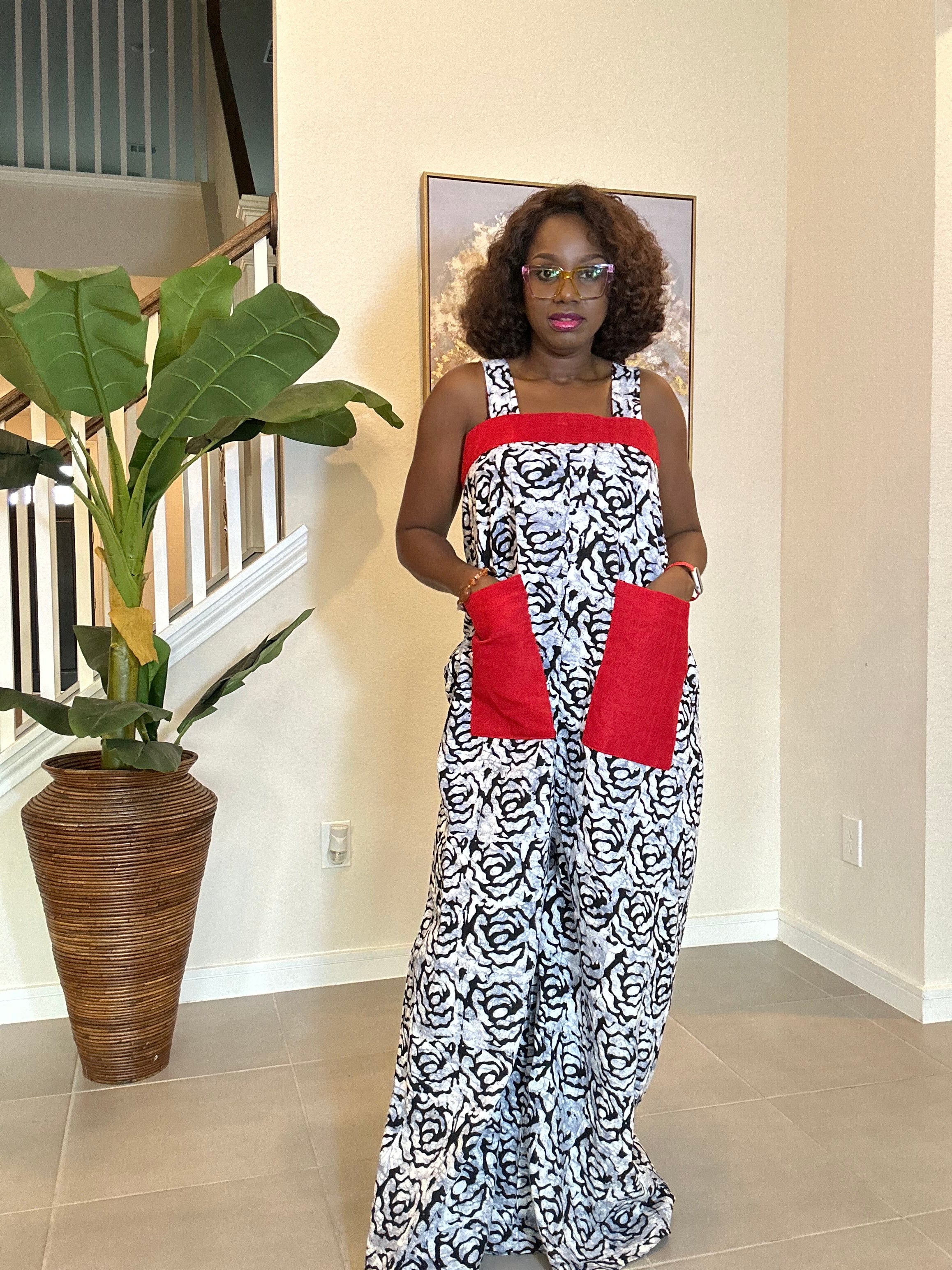 African Print Jumpsuit with Red Aso Oke Pockets, Handmade African Clothing