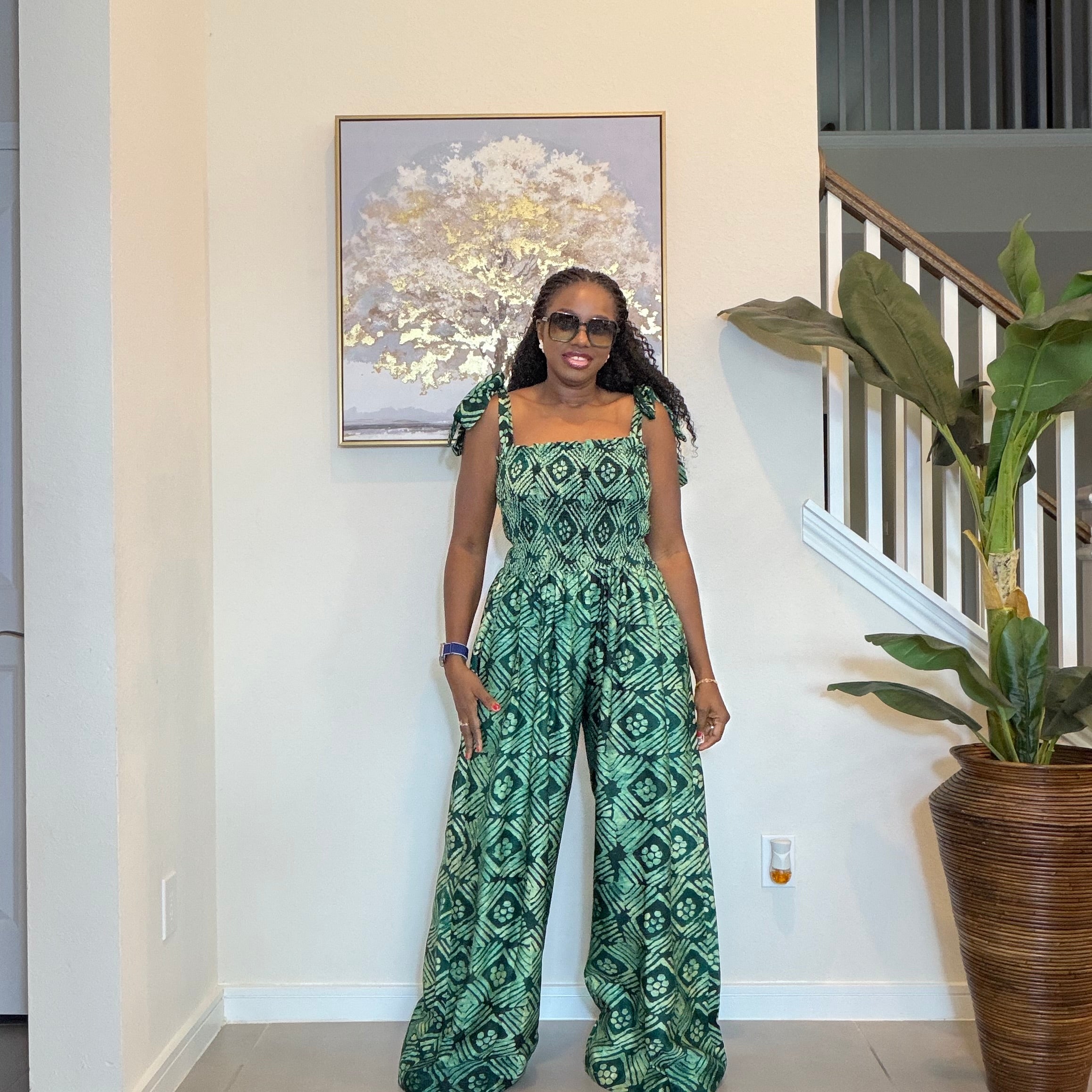 Handmade Adire Crepe Jumpsuit with Smocked Bodice