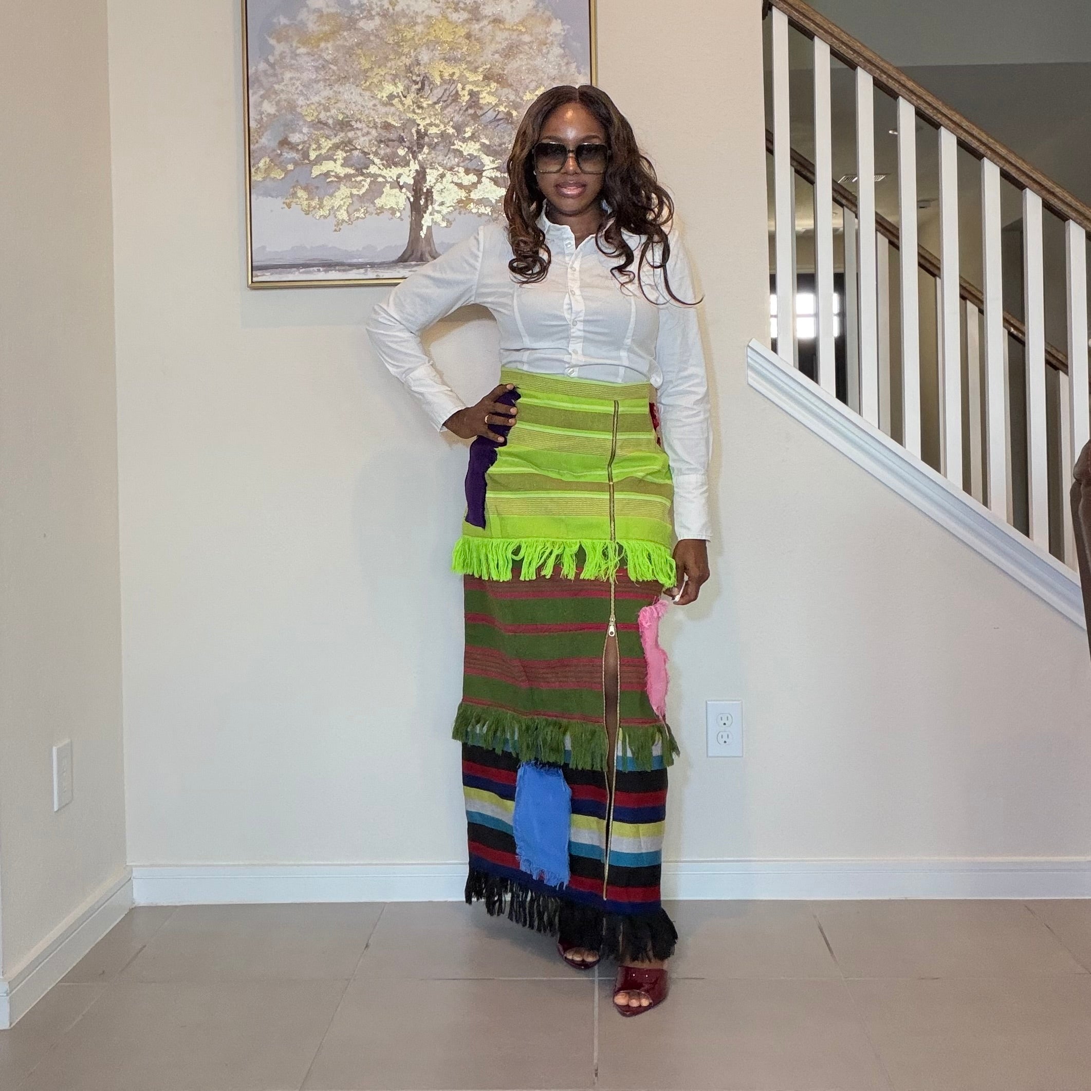 Colorful African Aso Oke Fringe Skirt, Handmade Aso Oke Patchwork Skirt