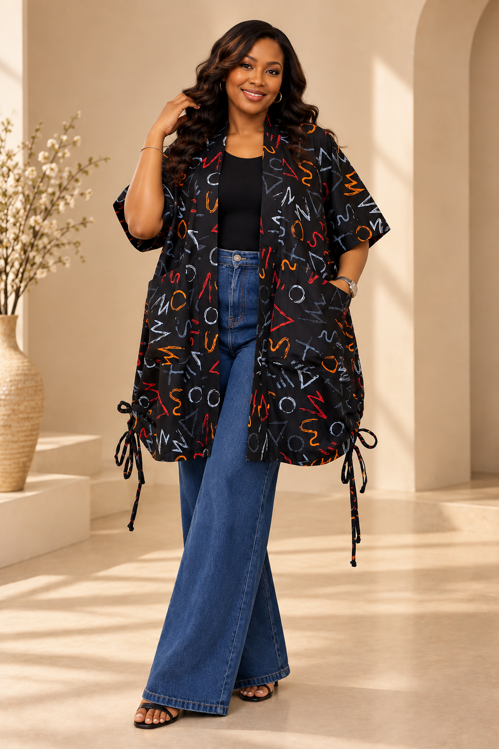 Abstract Print Ankara Drawstring Hem Kimono