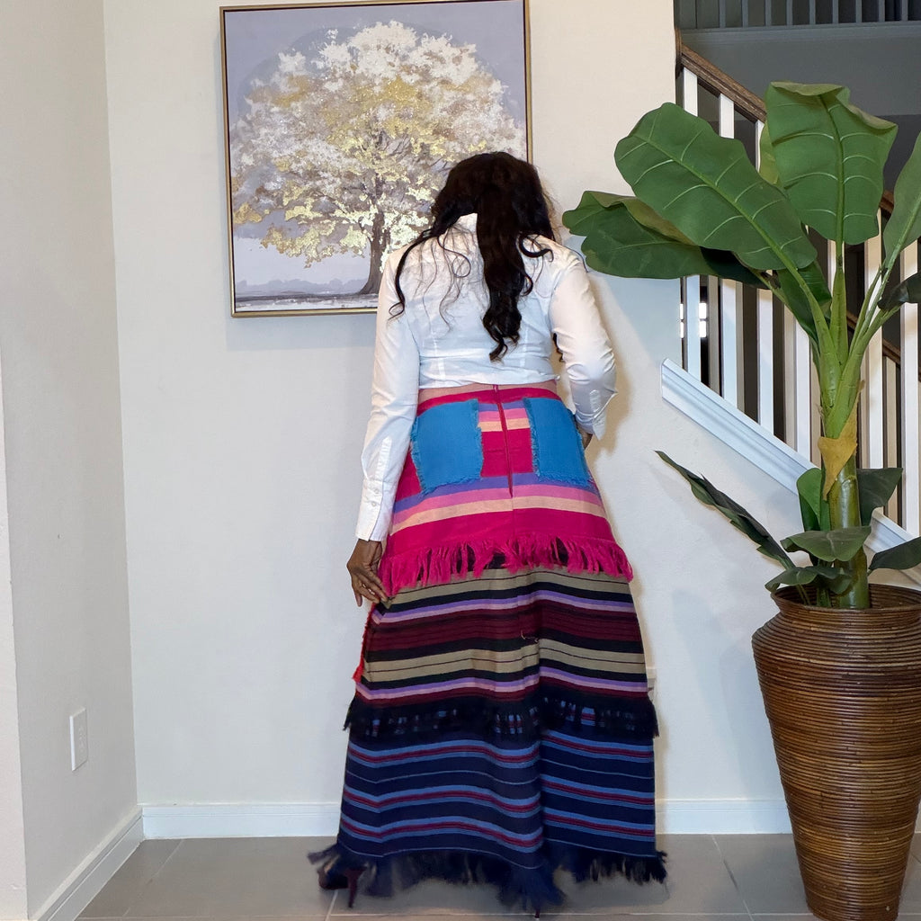 Colorful African Aso Oke Fringe Skirt, Handmade Aso Oke Patchwork Skirt